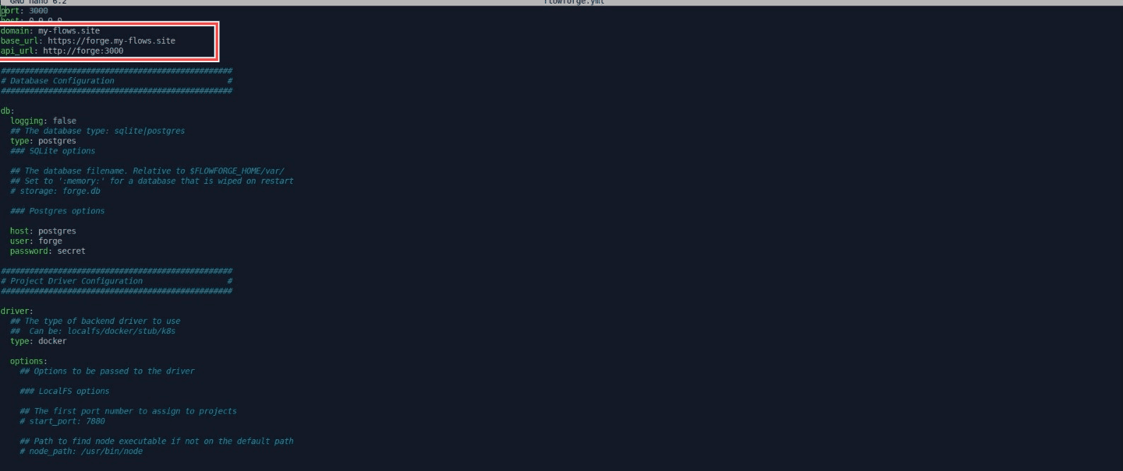 "Screenshot of the terminal showing the update made in 'base_url' in the flowforge.yml file for SSL configuration"